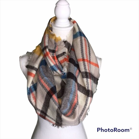 Plaid Wide Infinity Scarf Fall Colors Brown Orange Mustard Yellow Blanket - Picture 1 of 5
